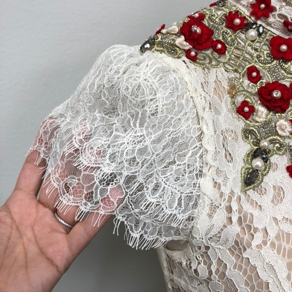 Alice + Olivia Lace Mini Dress Womens 0 White Red Embellished Floral Ruffle - Picture 3 of 11